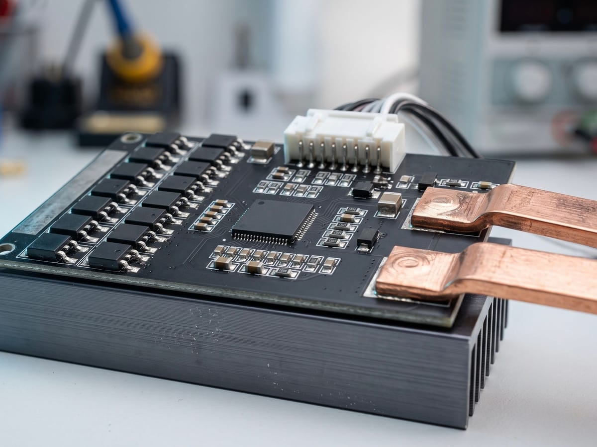 Battery management system board with copper busbars on a heat sink
