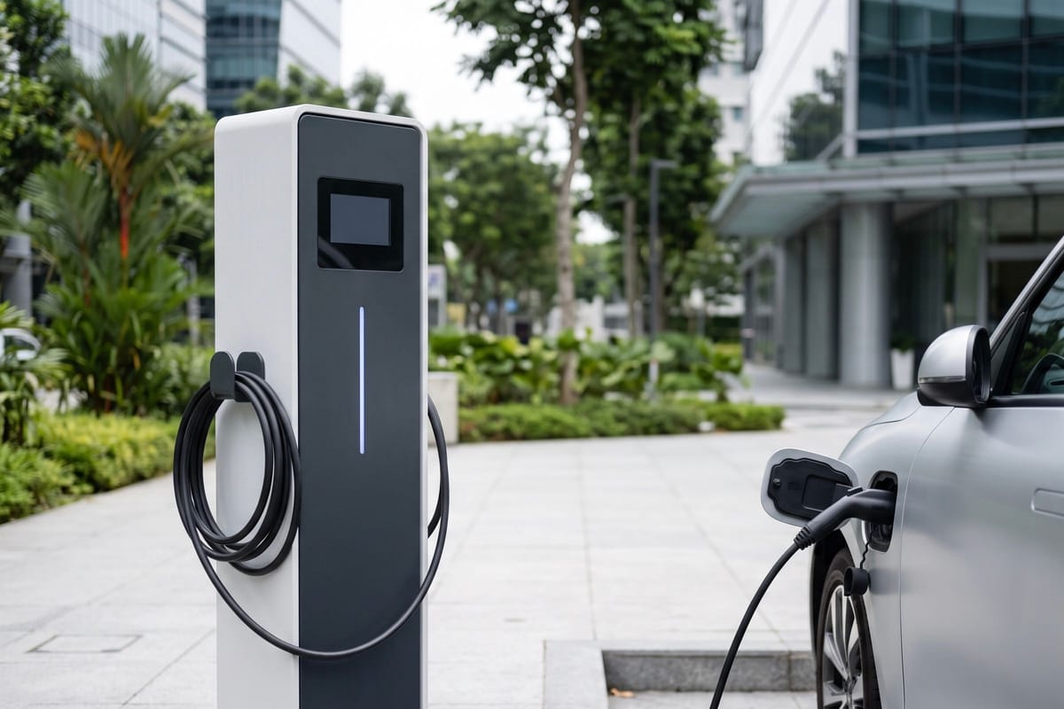 Electric vehicle charging pedestal connected to a car
