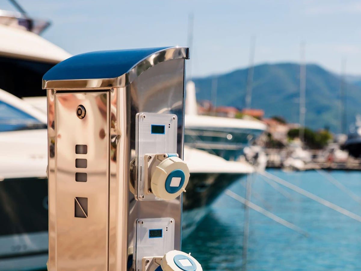 HILMIL shore charging pedestal at a marina