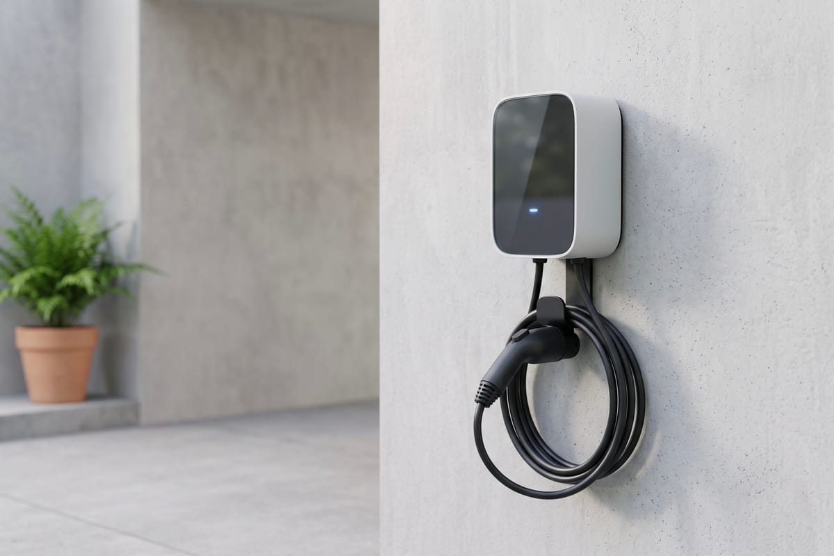 Wall-mounted AC charger with its cable coiled