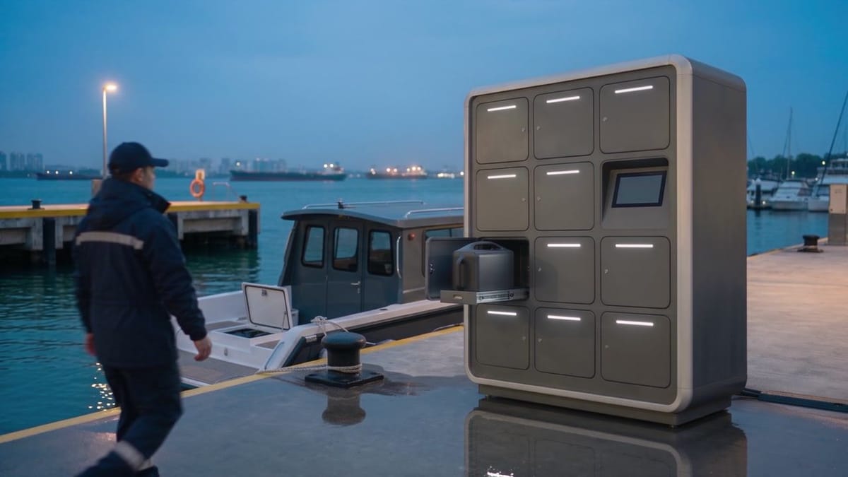 Battery swap station on a harbour jetty beside an electric boat