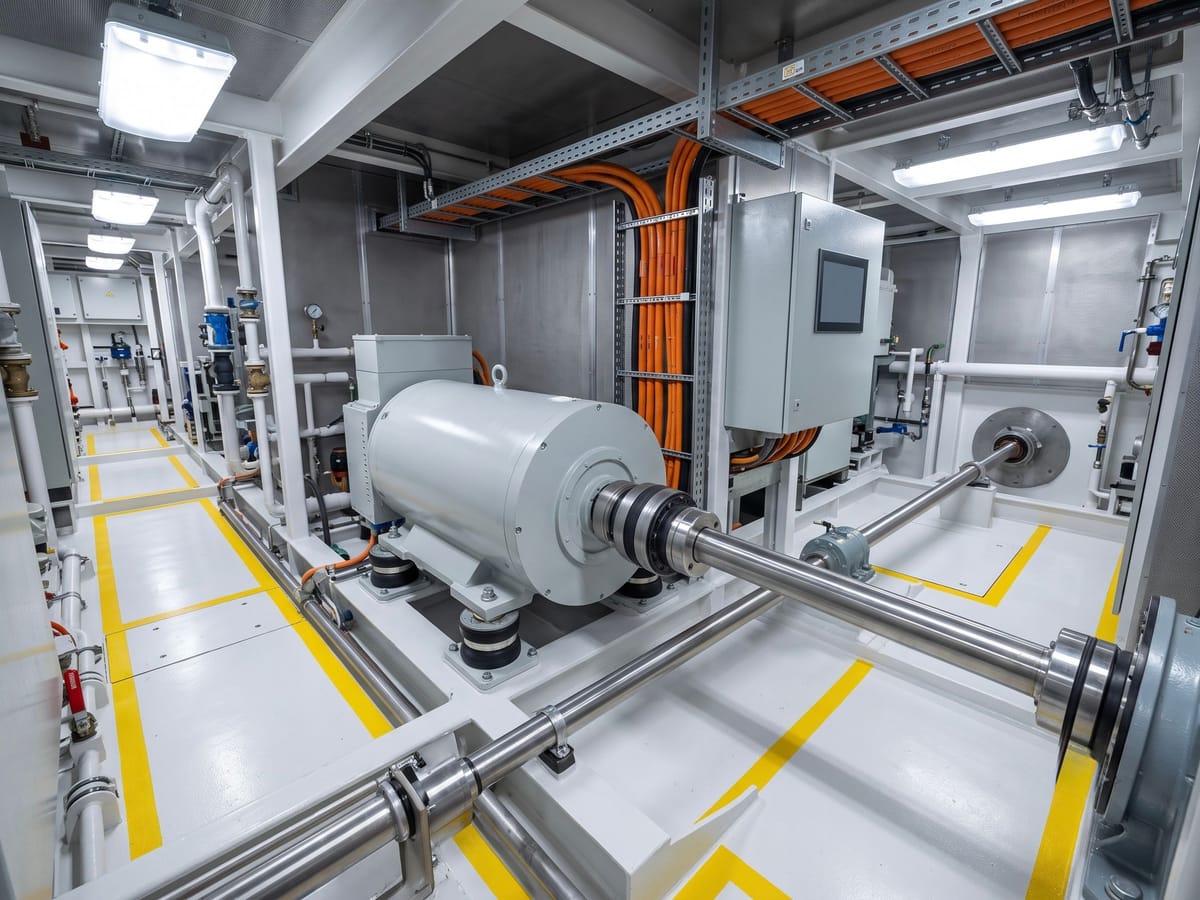 Electric motor coupled directly to a propeller shaft in an engine room