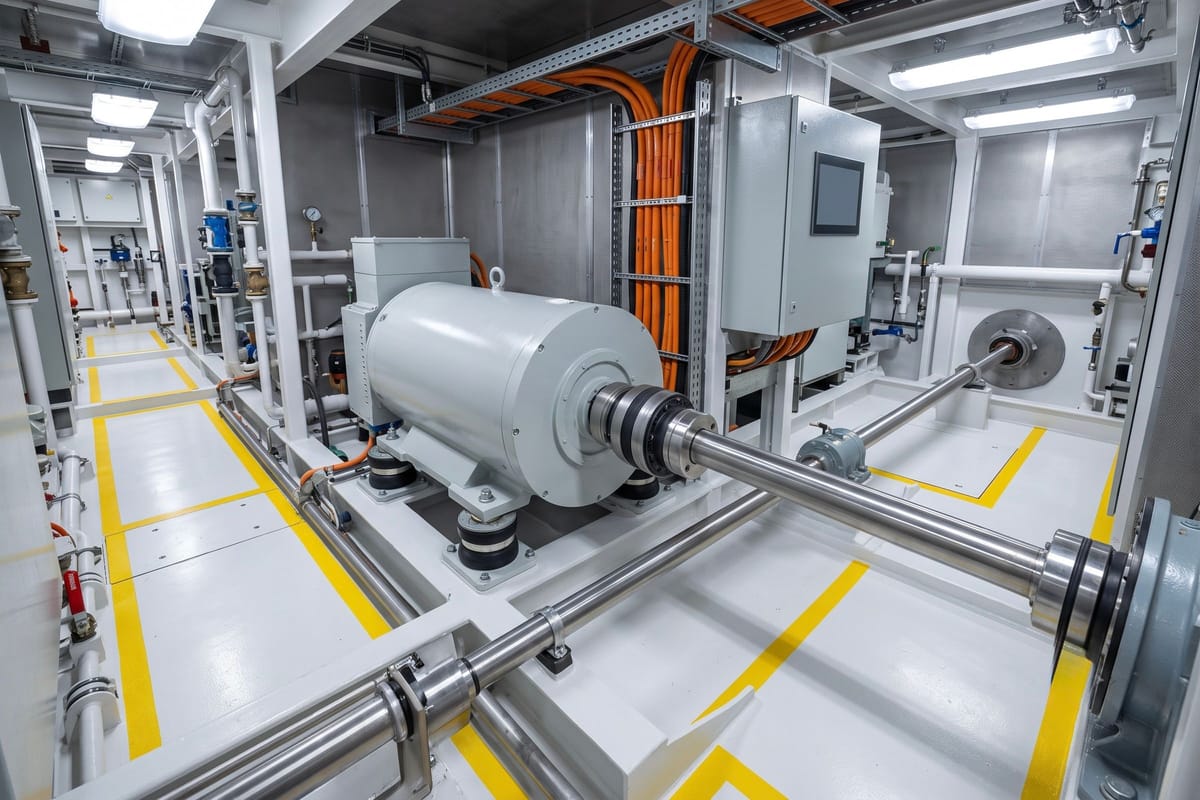 Electric motor coupled directly to a propeller shaft in an engine room