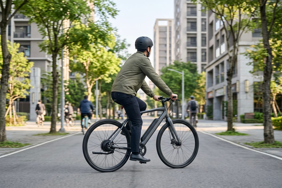 Commuter riding an electric bicycle on a tree-lined street