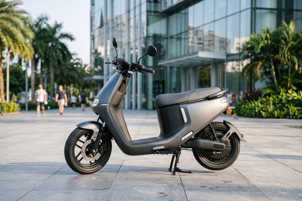 Electric scooter parked on a city plaza