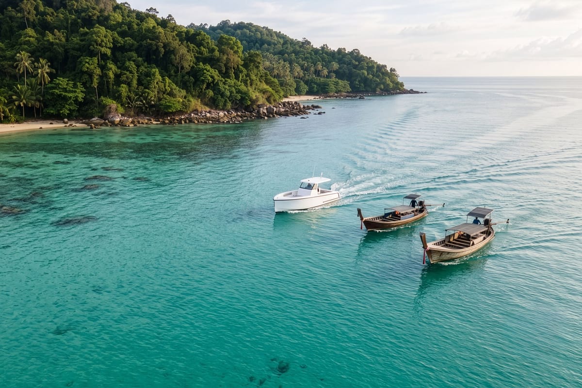 Aerial view of boats crossing clear turquoise water off a tropical coast
