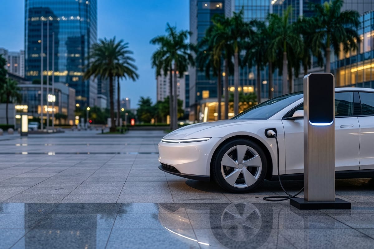 Electric car charging at a pedestal in a city plaza at dusk