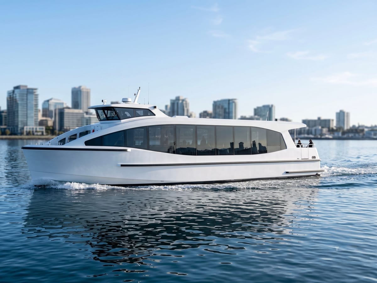 Electric passenger ferry cruising past a city waterfront
