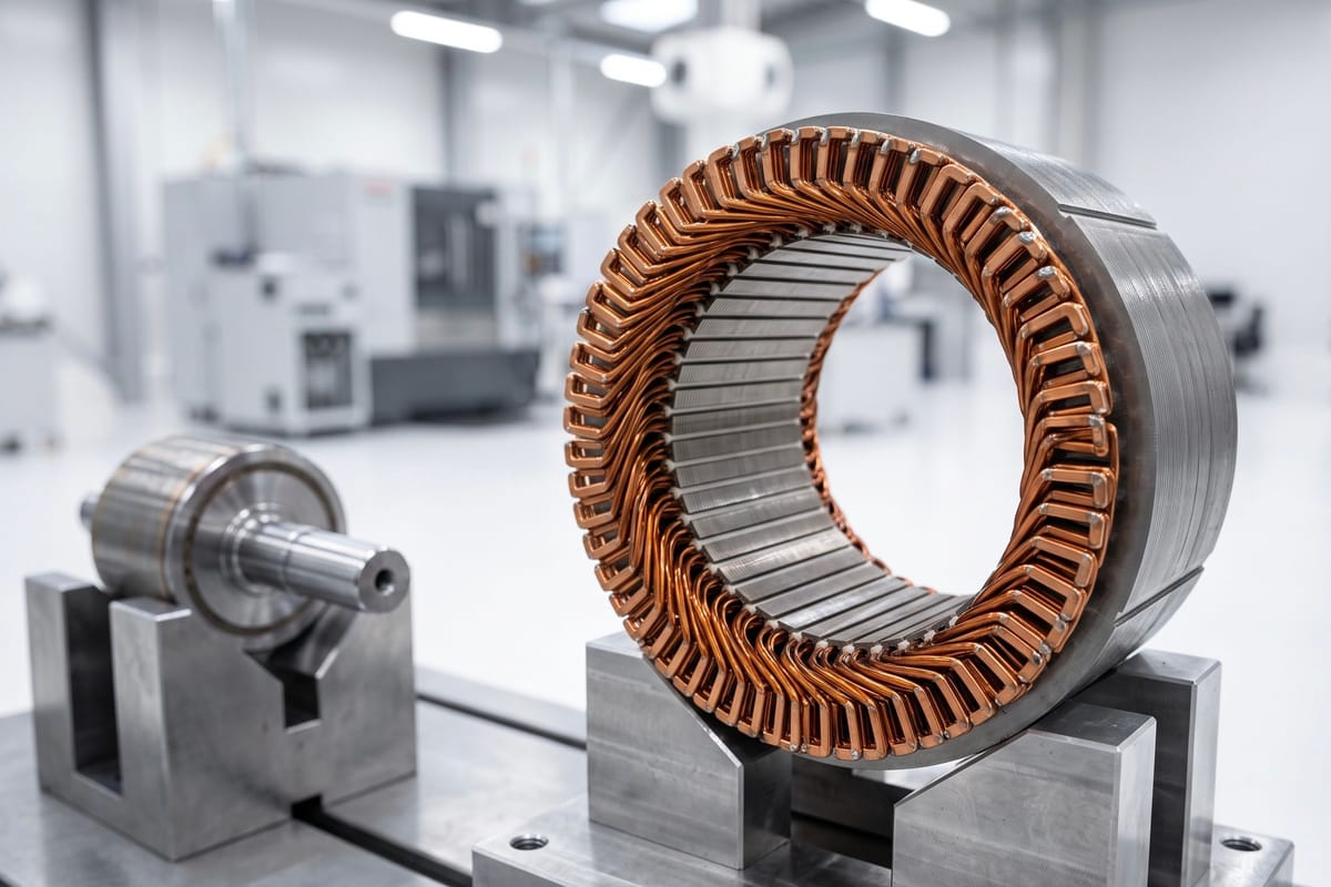 Hairpin-wound electric motor stator beside its rotor
