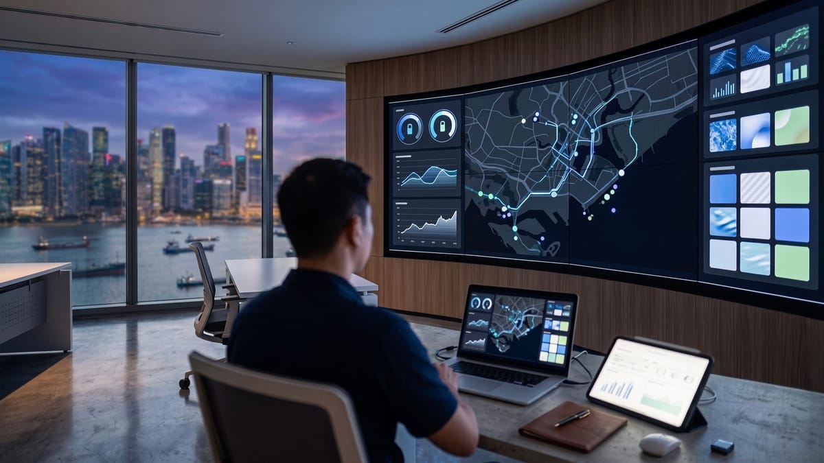 Fleet telematics dashboards in a control room overlooking a harbour