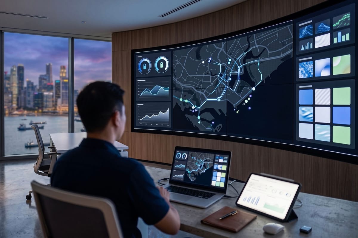 Fleet telematics dashboards in a control room overlooking a harbour