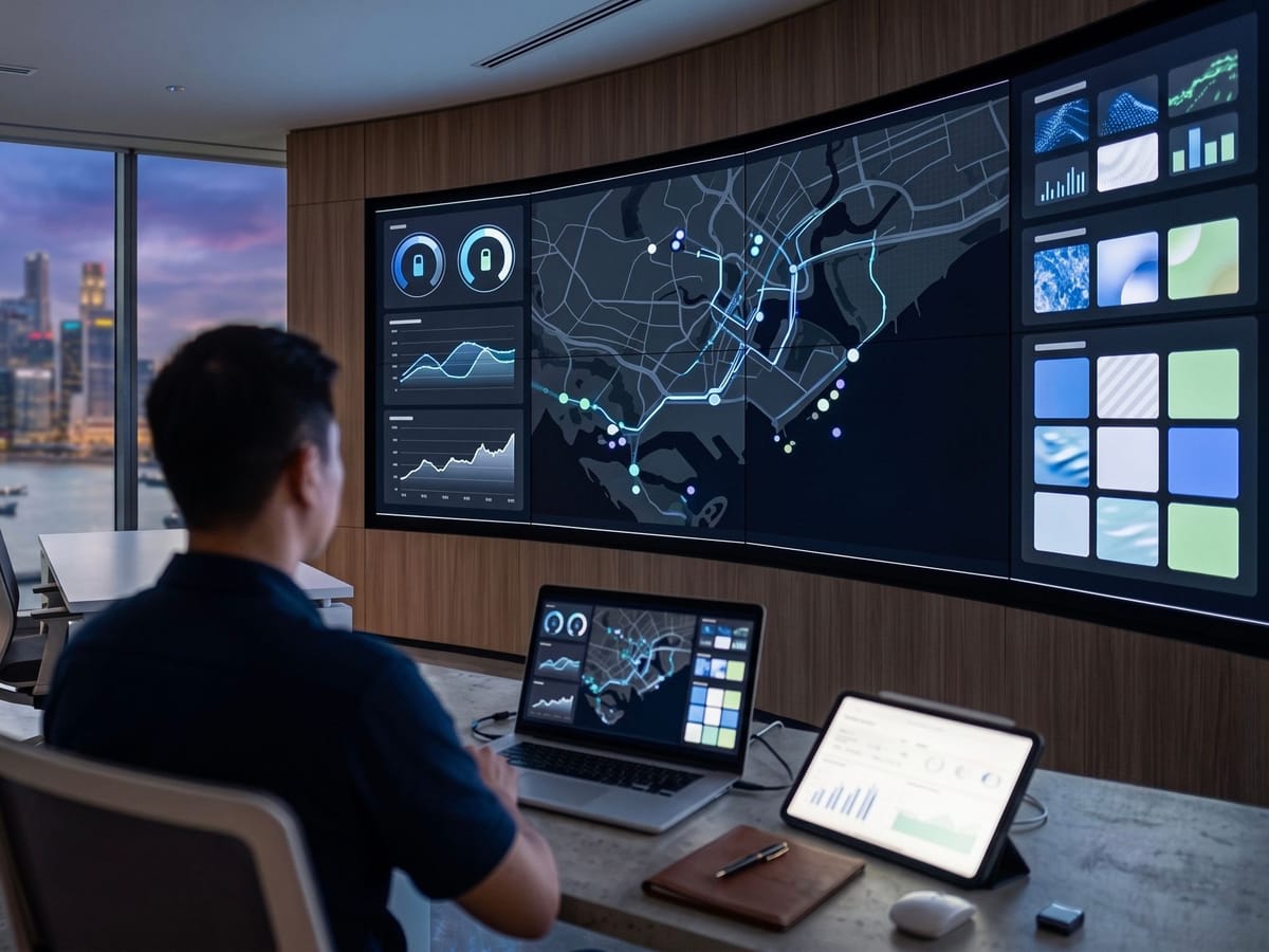 Fleet telematics dashboards in a control room overlooking a harbour