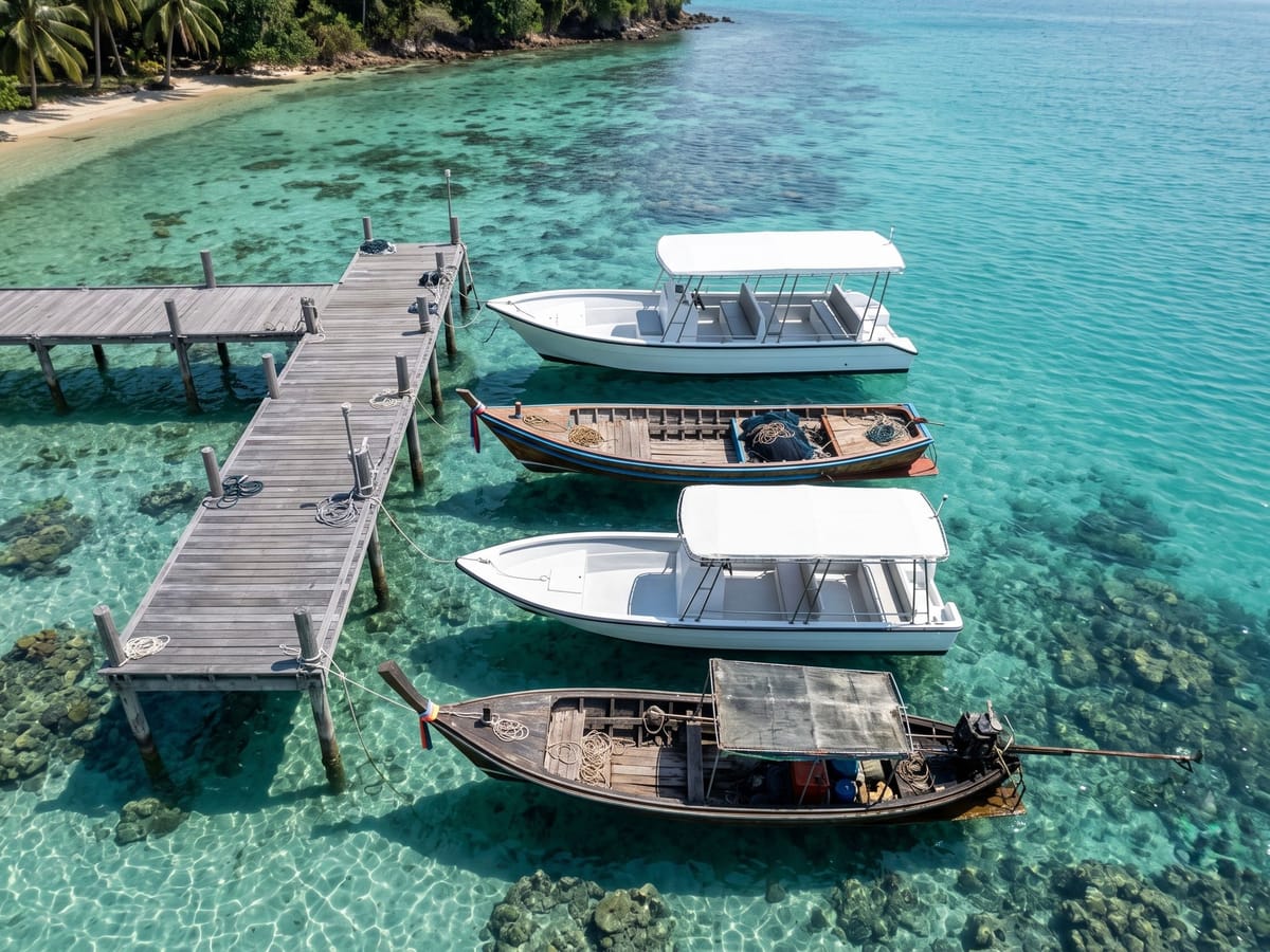 Aerial view of boats moored at a jetty over clear water