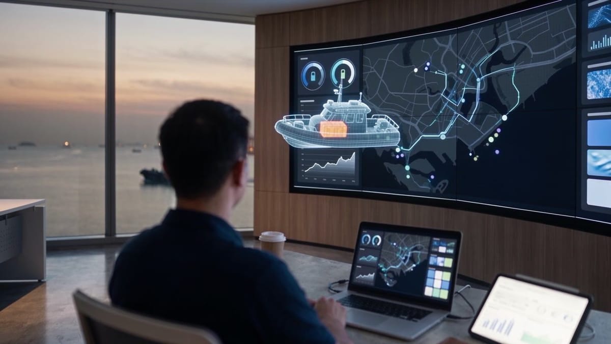Operator monitoring a digital twin of an electric boat in a harbour operations room