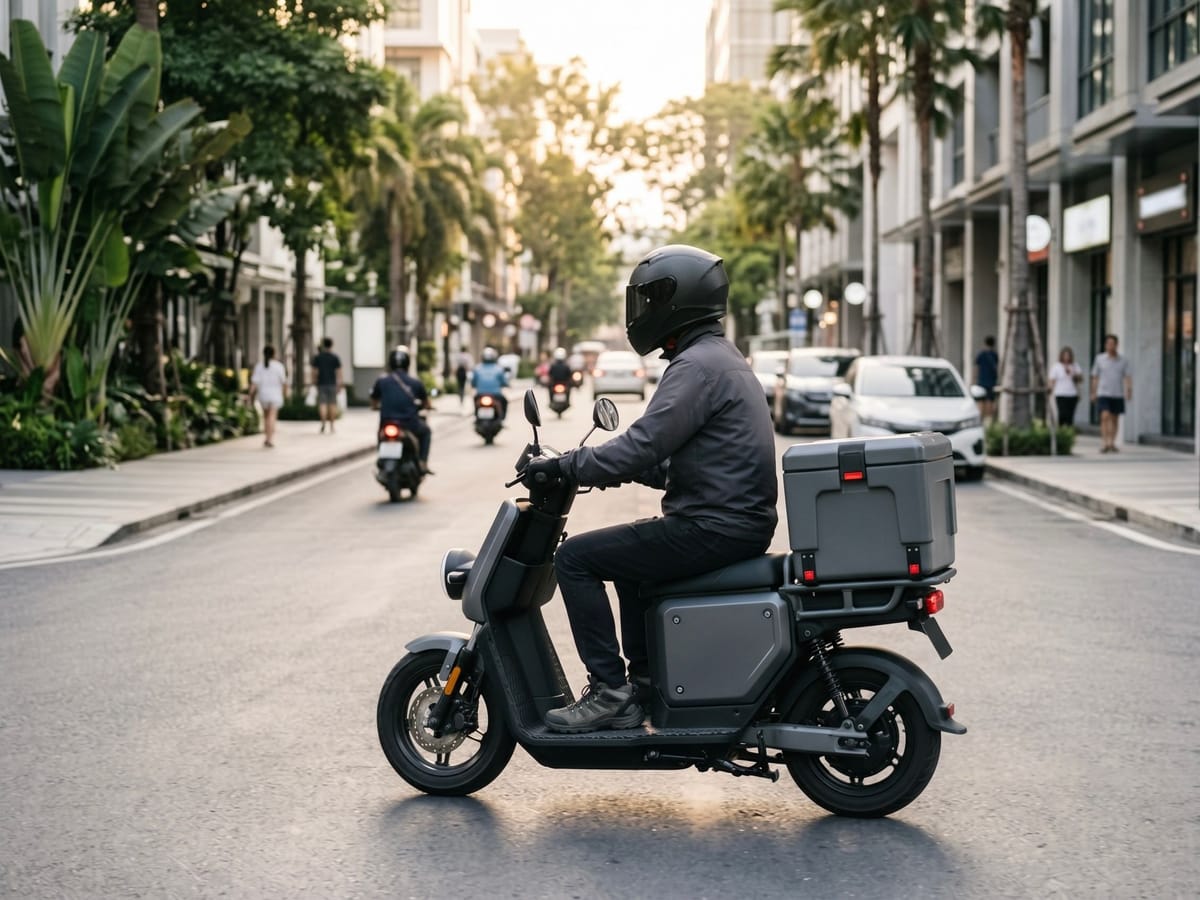 Delivery rider on an electric scooter in city traffic