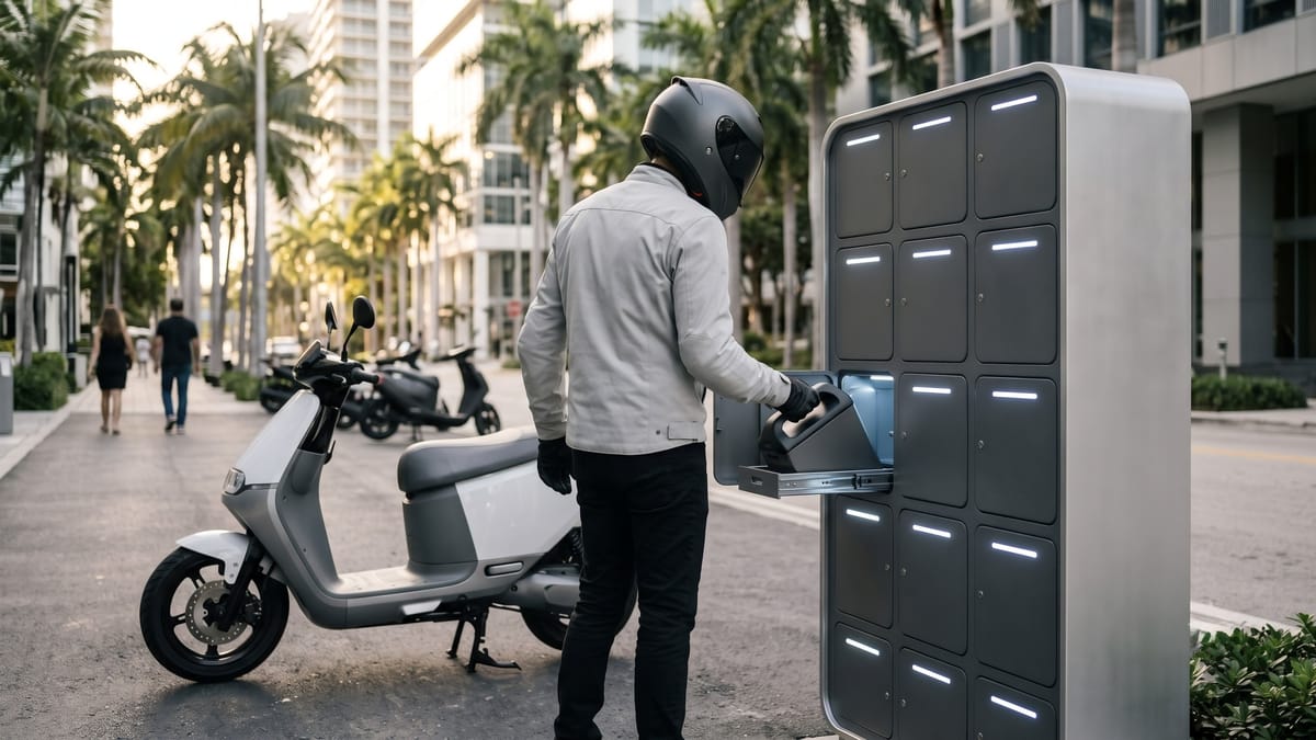 Rider exchanging a battery pack at a swap station