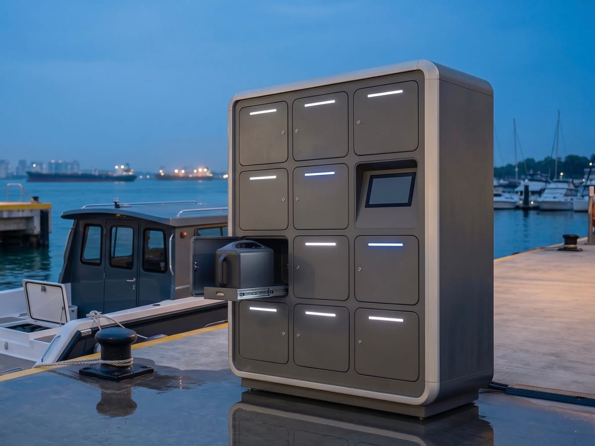 Battery swap station on a harbour jetty beside an electric boat