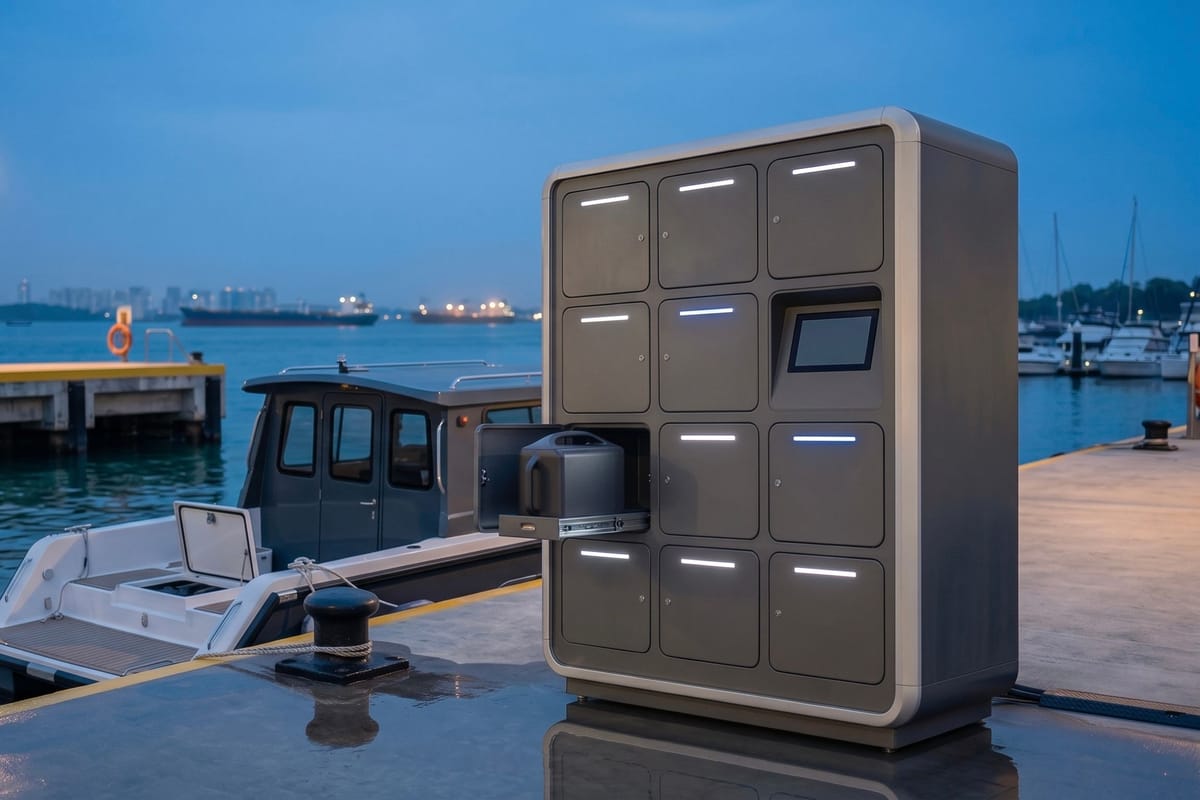 Battery swap station on a harbour jetty beside an electric boat