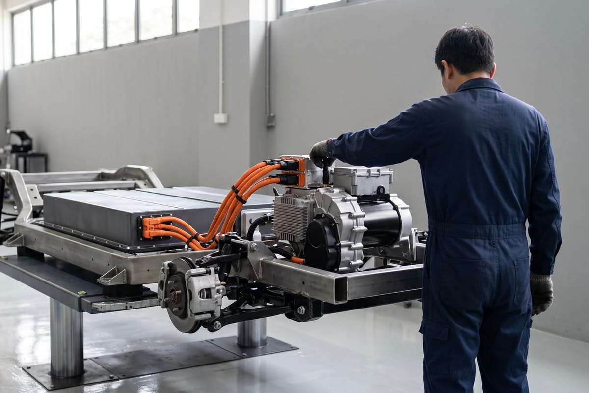 Electric powertrain being fitted to a vehicle chassis in a workshop