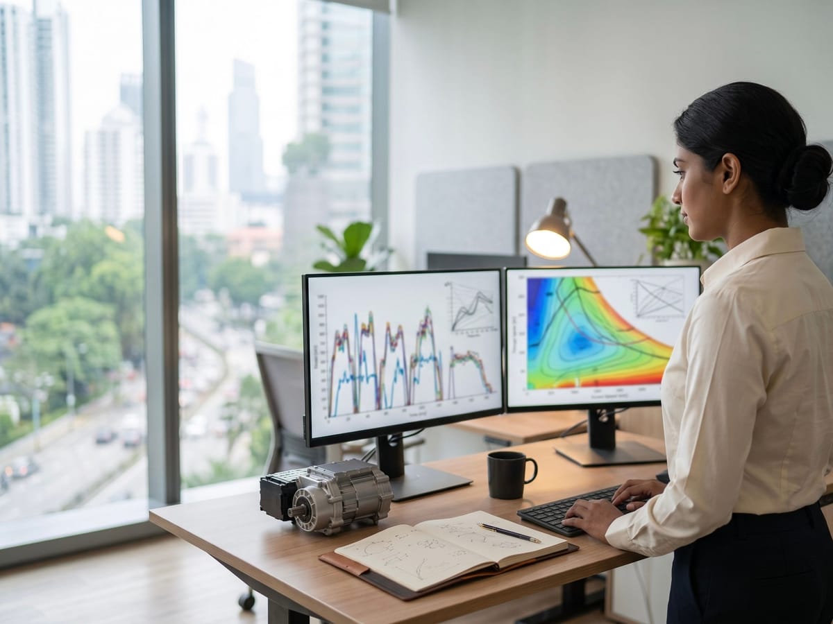 Engineer reviewing duty-cycle and sizing data at a workstation