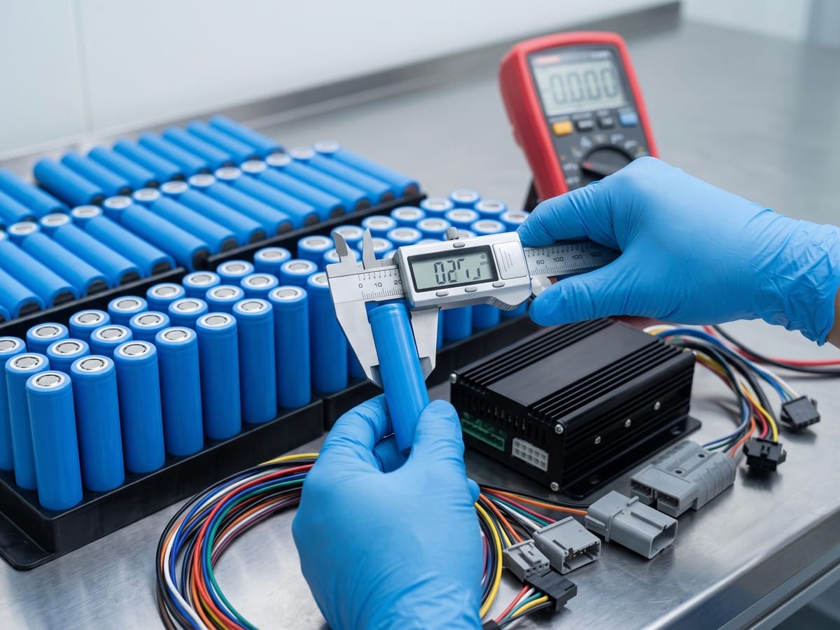 Battery cells and powertrain components being inspected on a bench