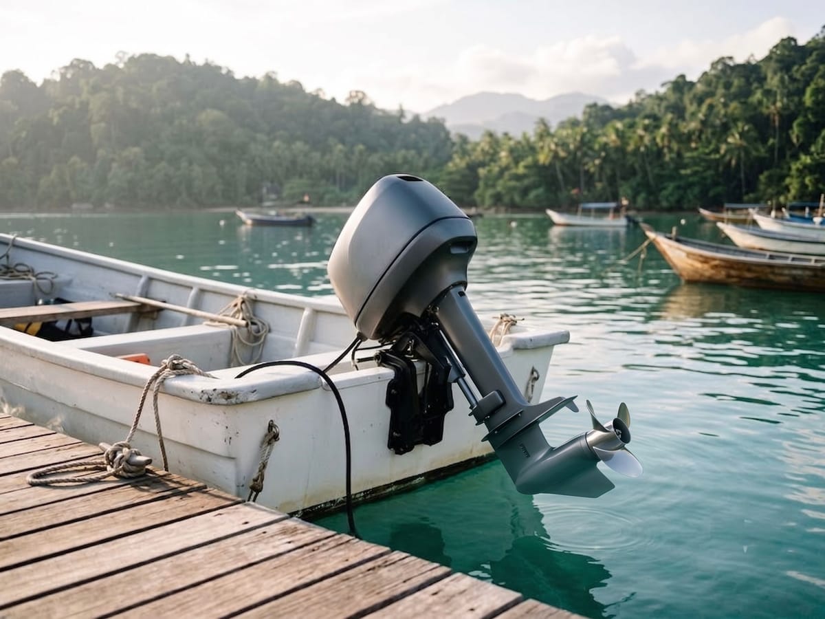 Electric outboard motor on a workboat at a tropical jetty
