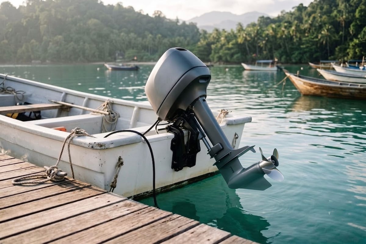 Electric outboard motor on a workboat at a tropical jetty